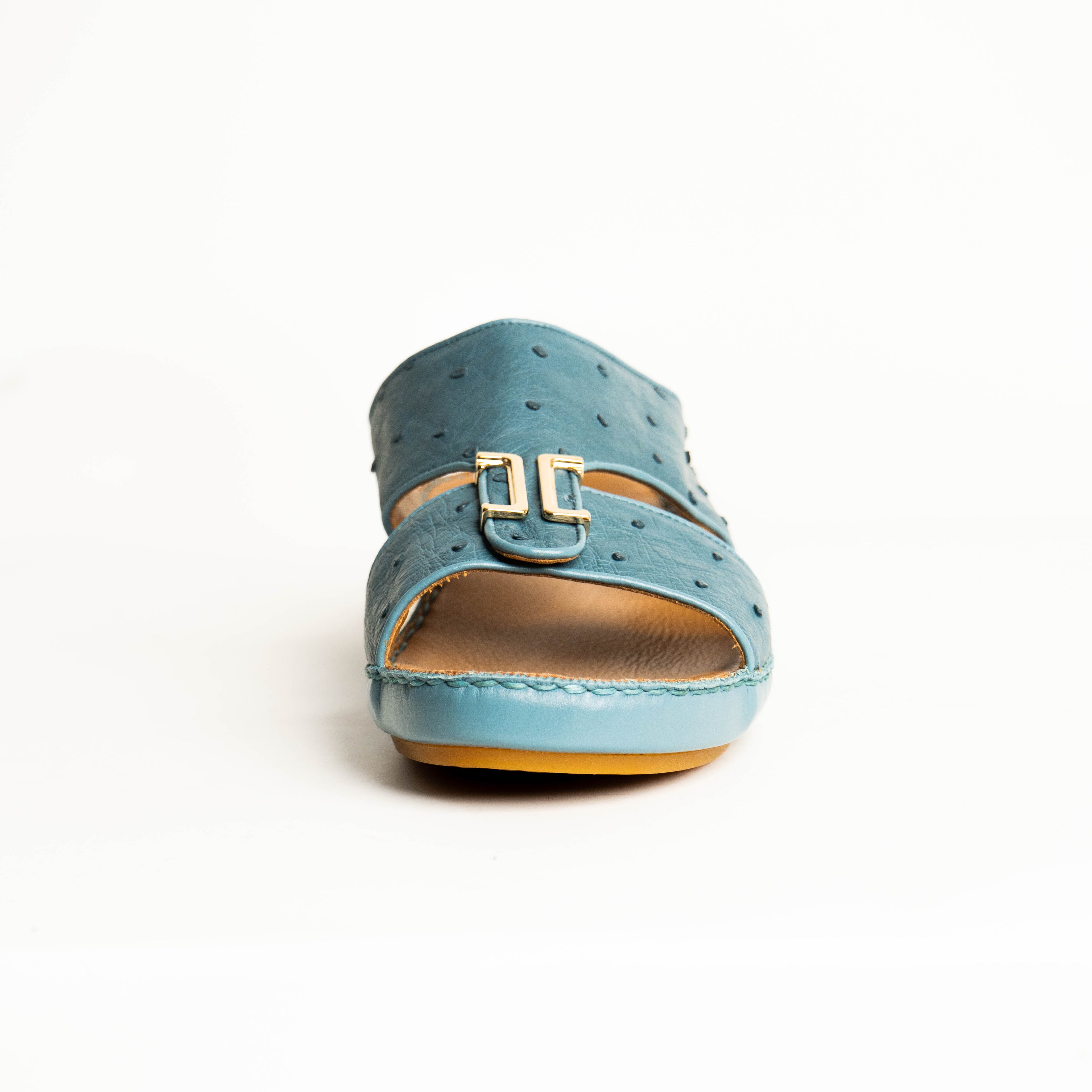 Blue sandal with a buckle on a white background