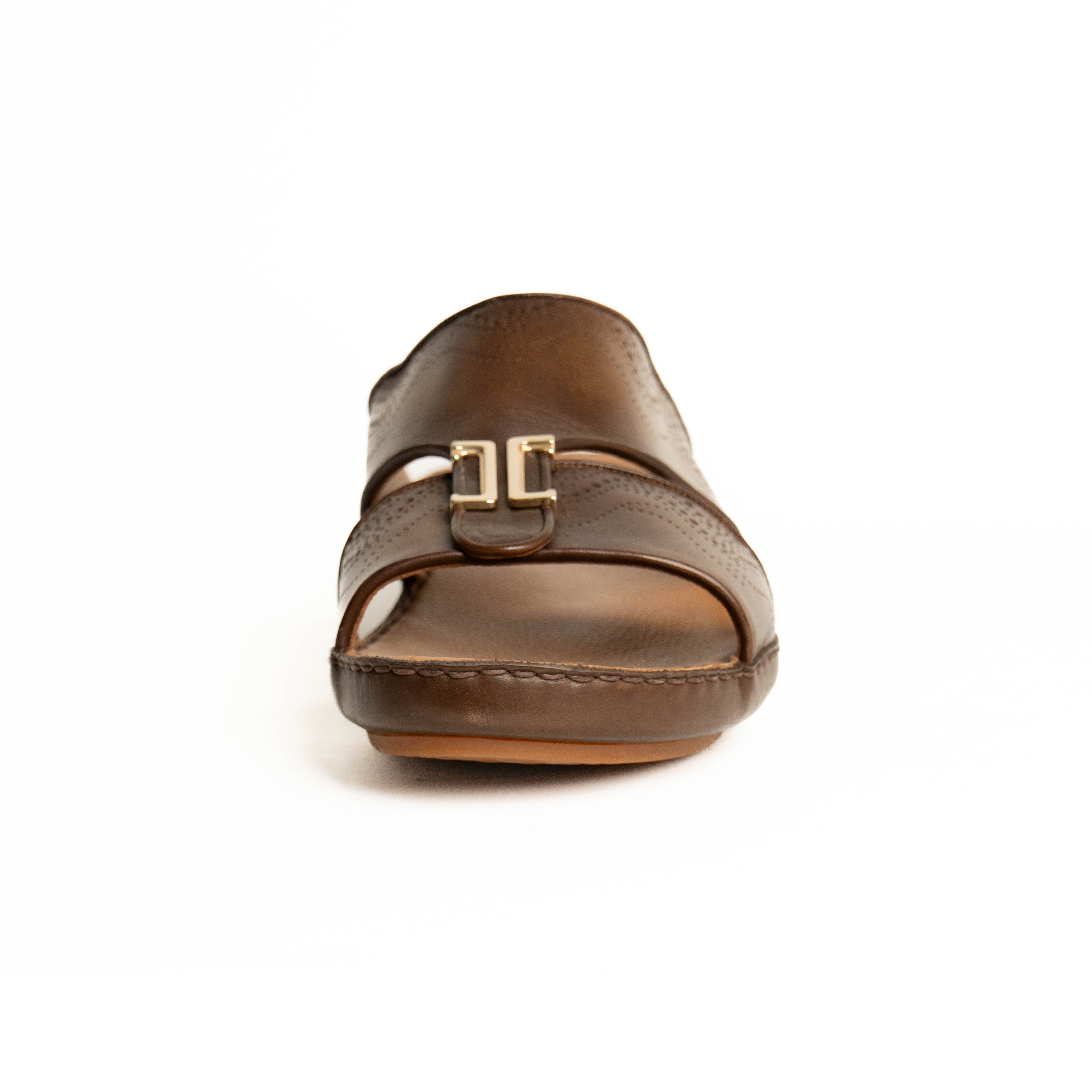 Brown sandal with a gold buckle on a white background