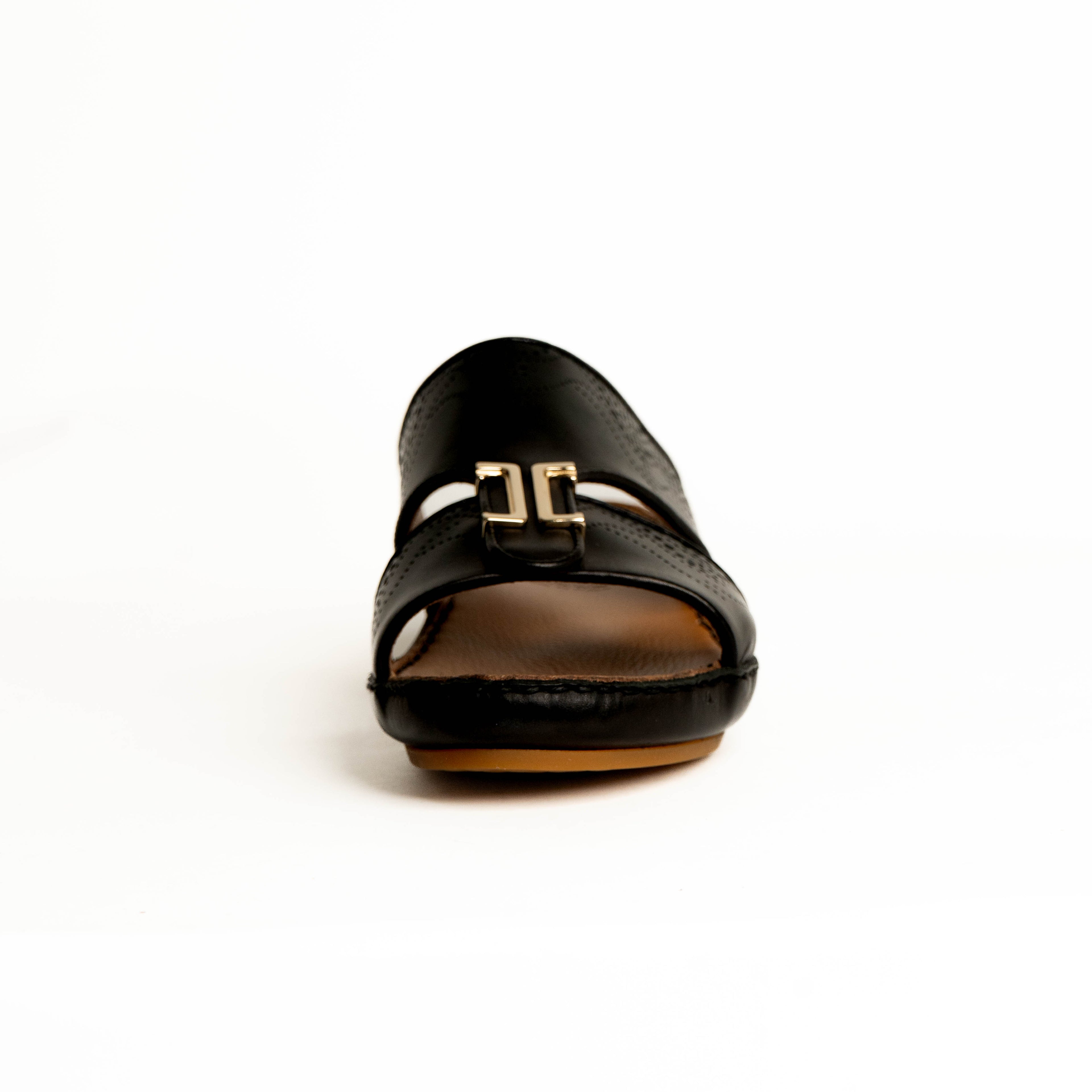 Black sandal with gold buckle on a white background