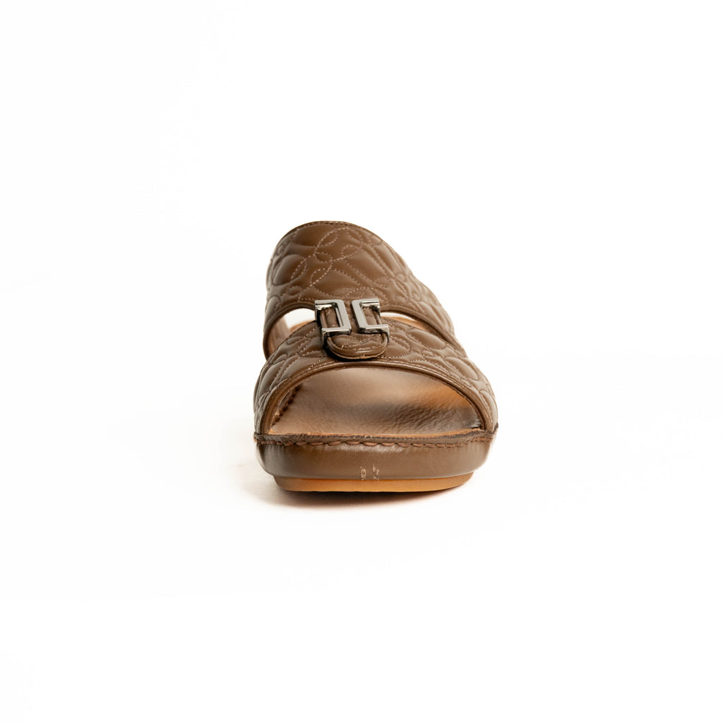 Brown sandal with a buckle on a white background