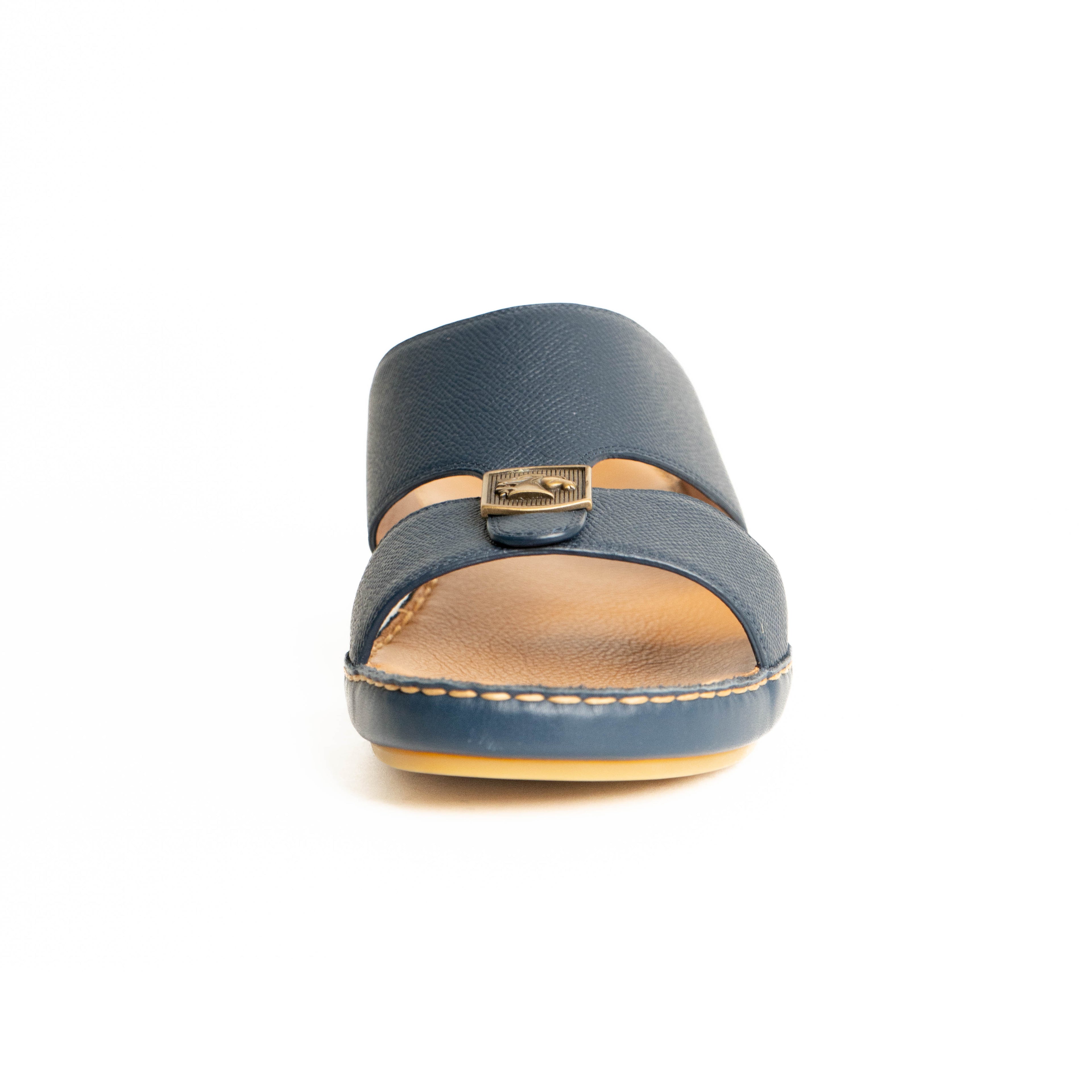 Blue sandal with a brand logo on a white background