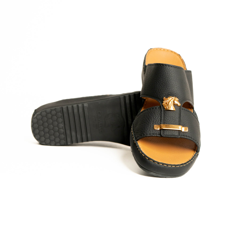 Black sandal with gold buckle on a white background