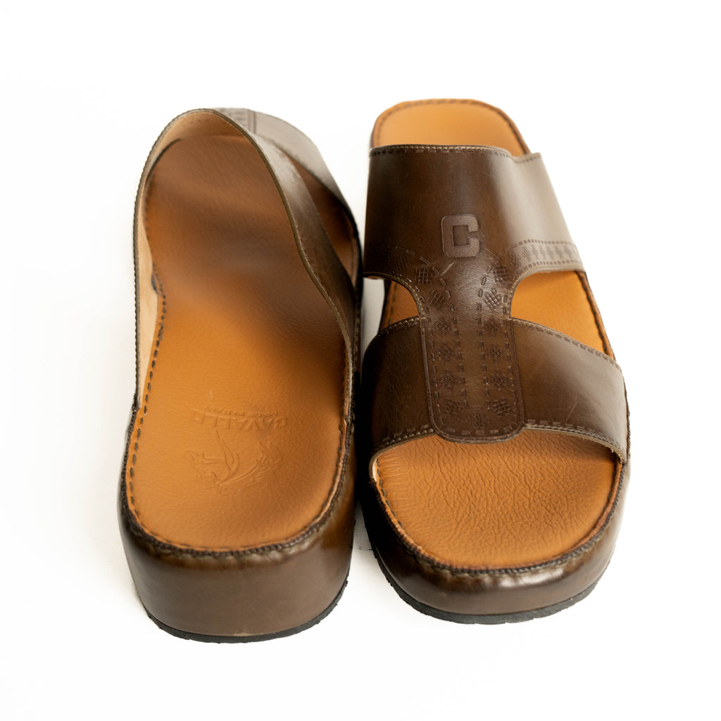 Pair of brown sandals on a white background