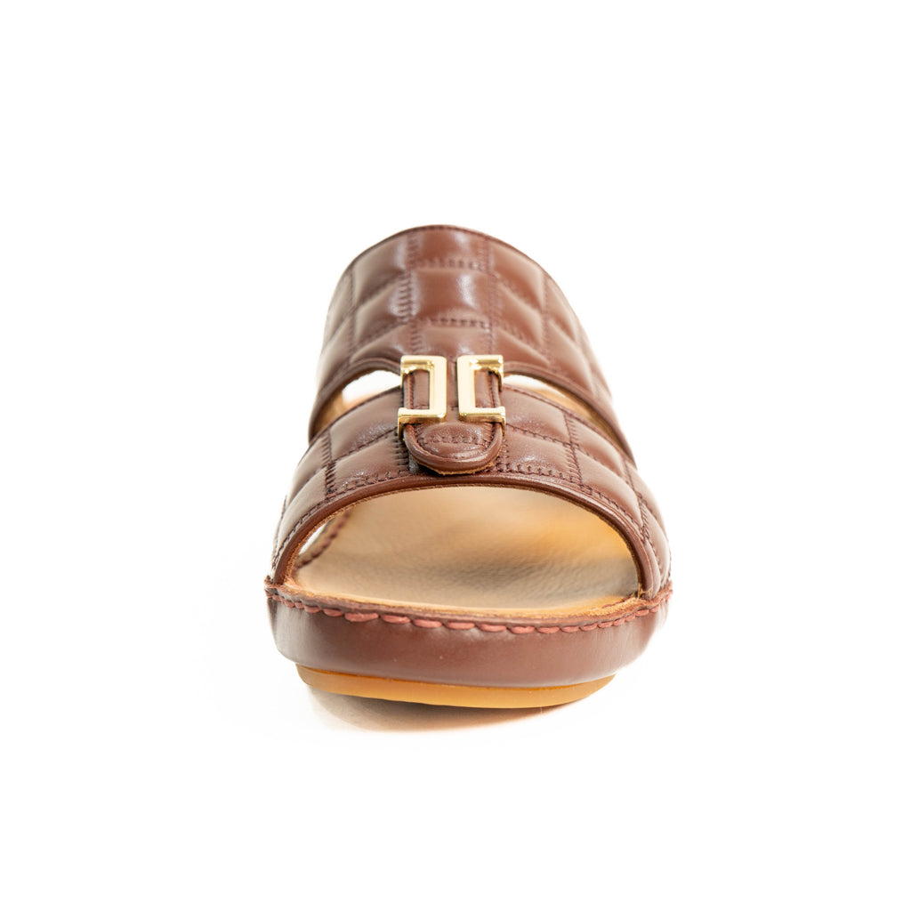 Brown sandal with a gold buckle on a white background