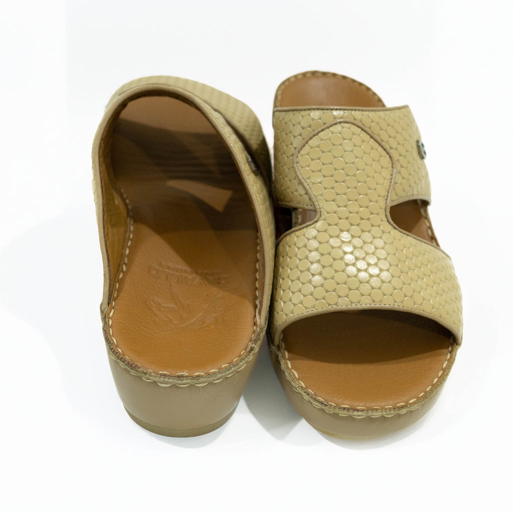 Pair of beige sandals on a white background