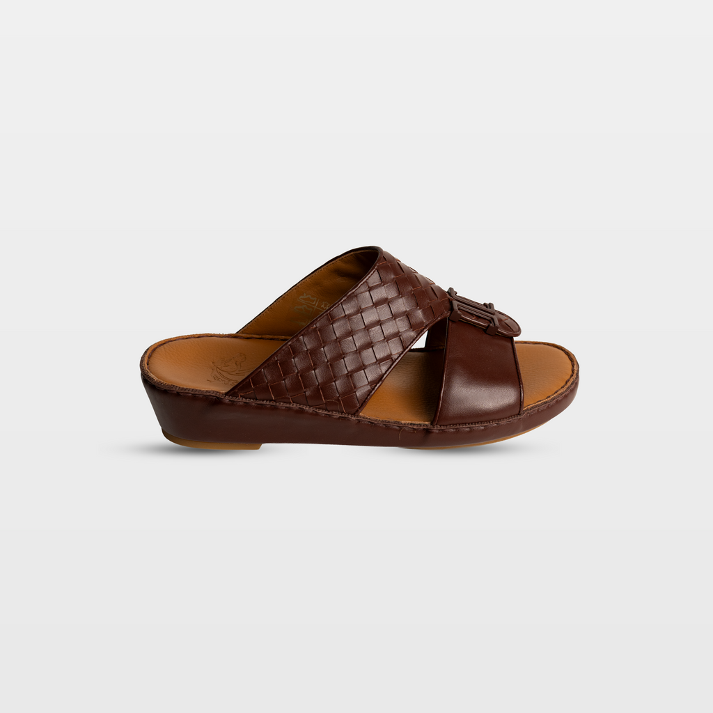 Brown woven sandal on a light gray background
